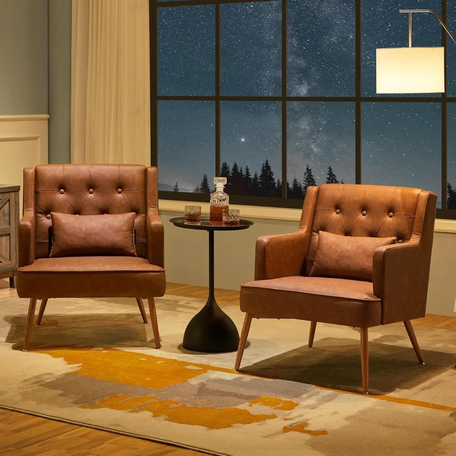 Two Brown Leatherette Mid Century Accent Chairs Set from PriceLows™