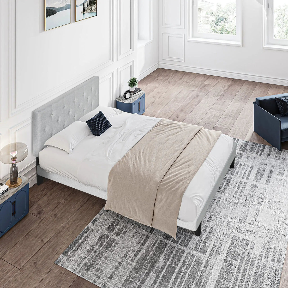 Platform Bed Frame | Button Tufted Headboard | Box Spring Free