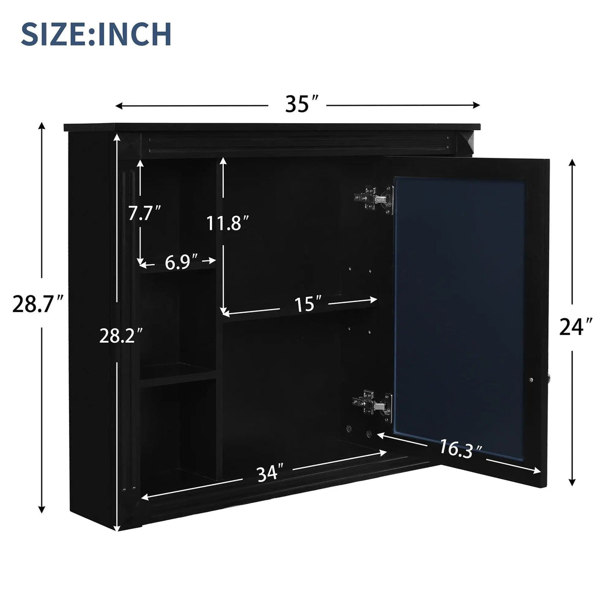 Wall-Mounted Bathroom Storage Cabinet With Mirror, 6 Open Shelves - | 35 x 7.1 x 28.7 in | Metal & Mdf | Black