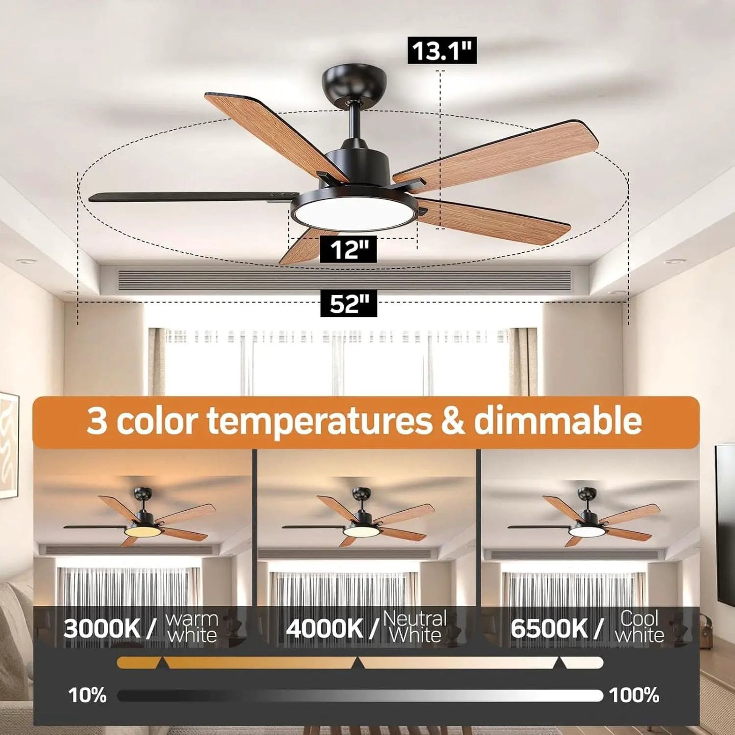 52 Inch Black Ceiling Fan With LED Light And Remote from PriceLows™
