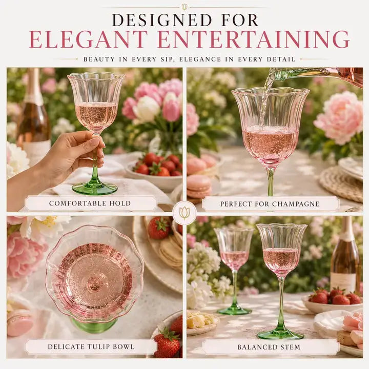 Khen Blossom Pink Tulip Wine Glasses Set of 2, Hand Blown Colored Crystal