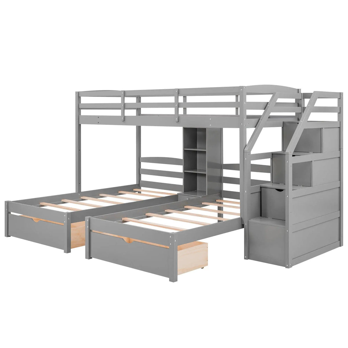 Twin Over Twin And Twin Bunk Bed | Drawers And Staircase Storage | Built-In Shelves | Gray