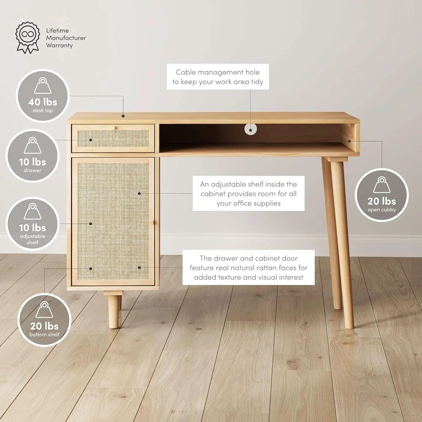 Aaron Modern Desk With Storage In Natural Brown Rattan from PriceLows™