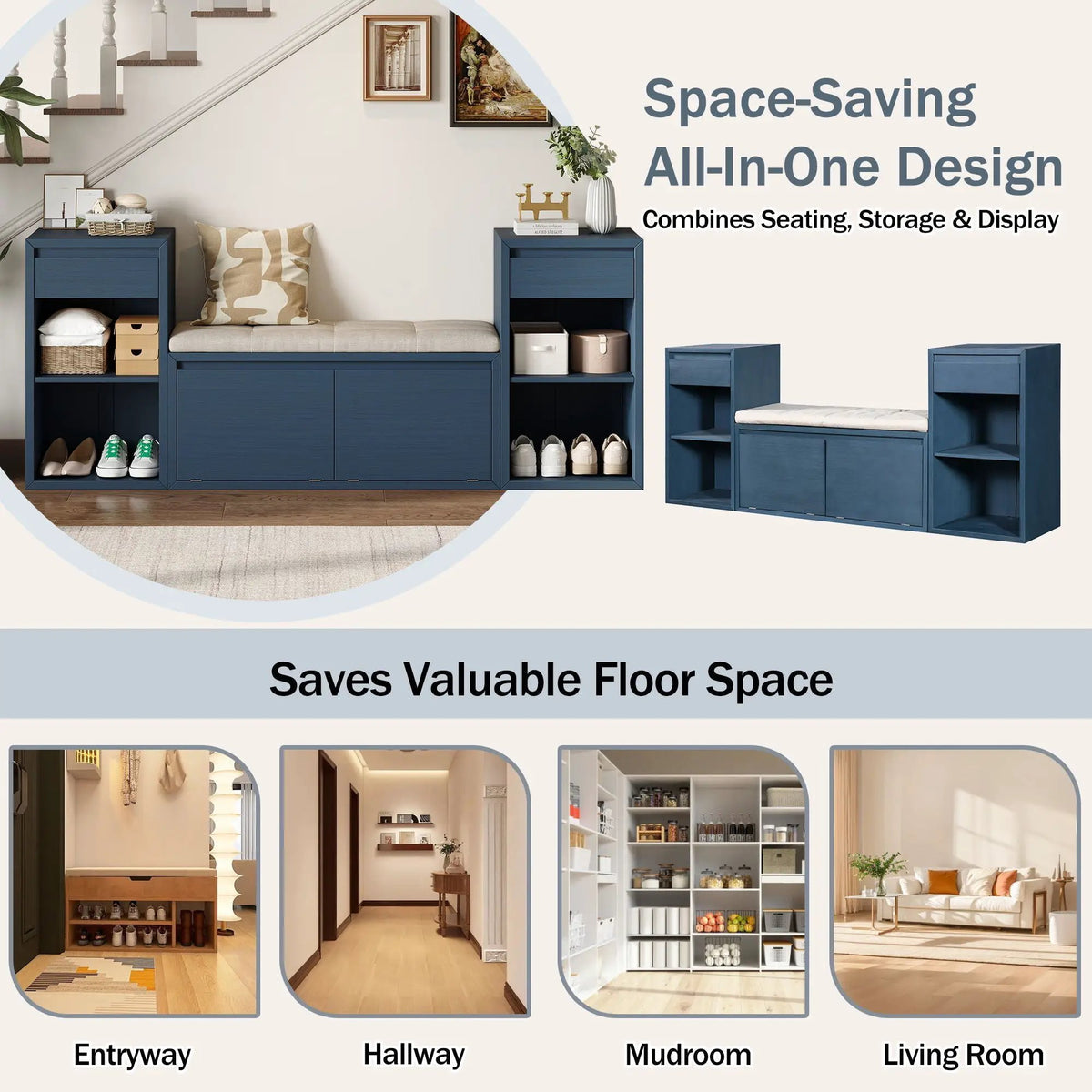 Entryway Storage Bench | Flip Top Compartment | Pine Wood Frame