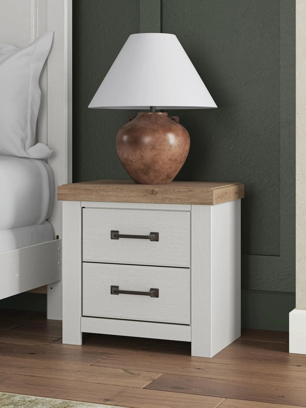 Nightstand | Two Drawer | Farmhouse Style | Dark Brass Hardware