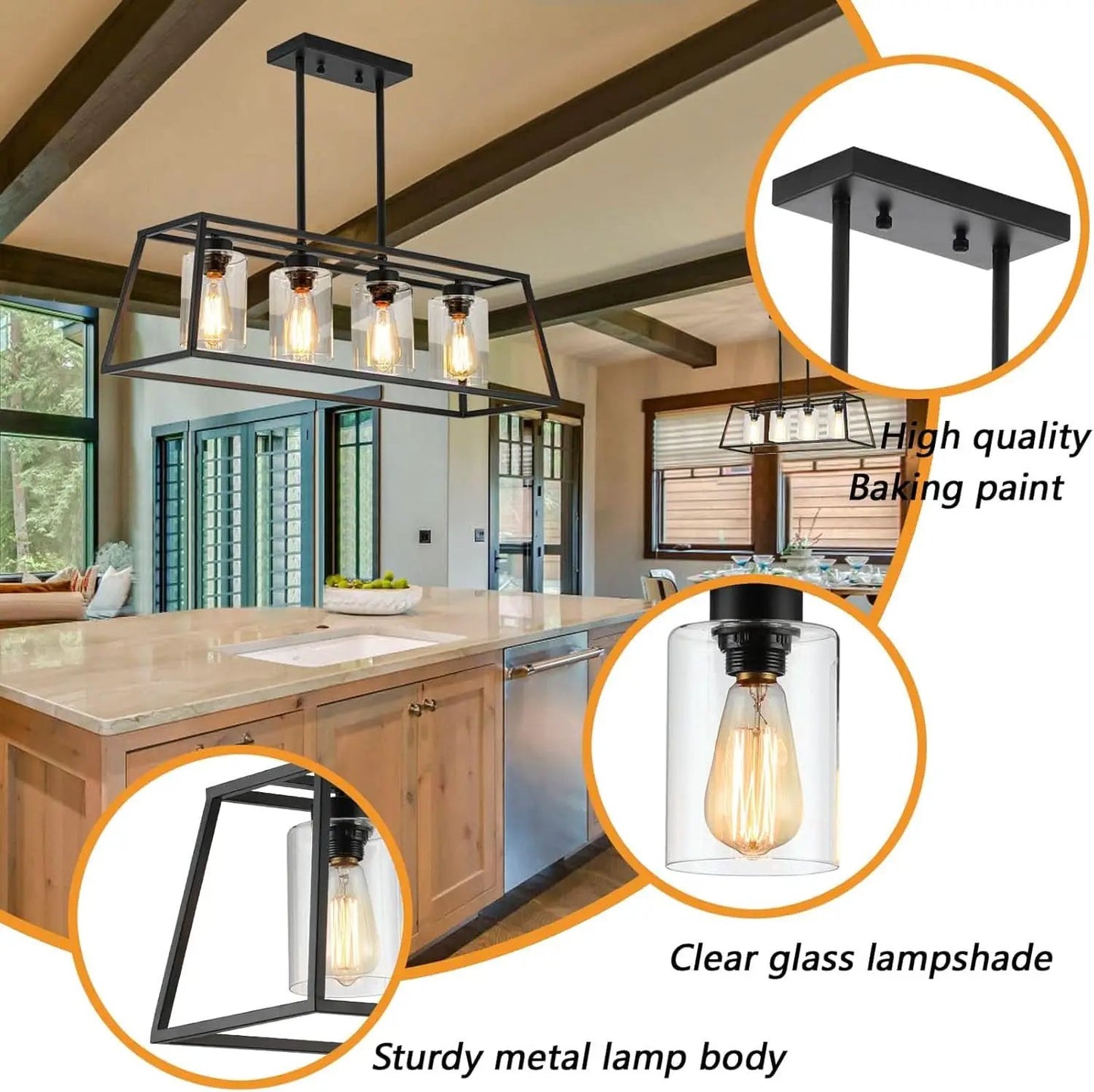 Black Farmhouse Linear Chandelier 4 Light For Dining Room from PriceLows™