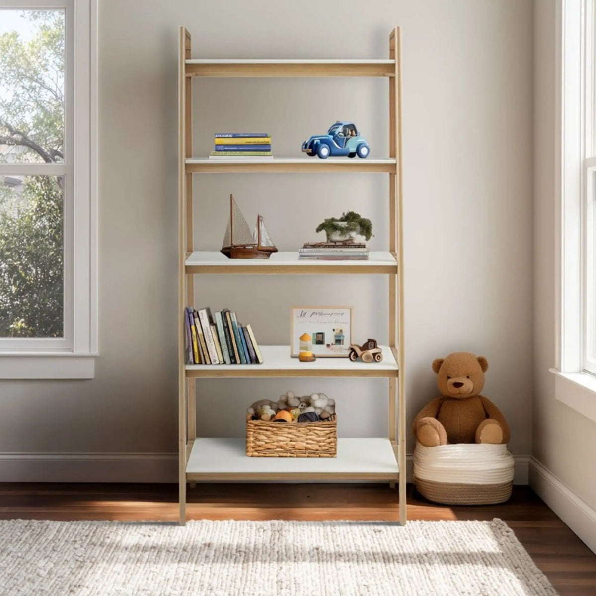 Parker Ladder Bookcase | 5 Shelves | Off White And Natural | Mid-Century Design
