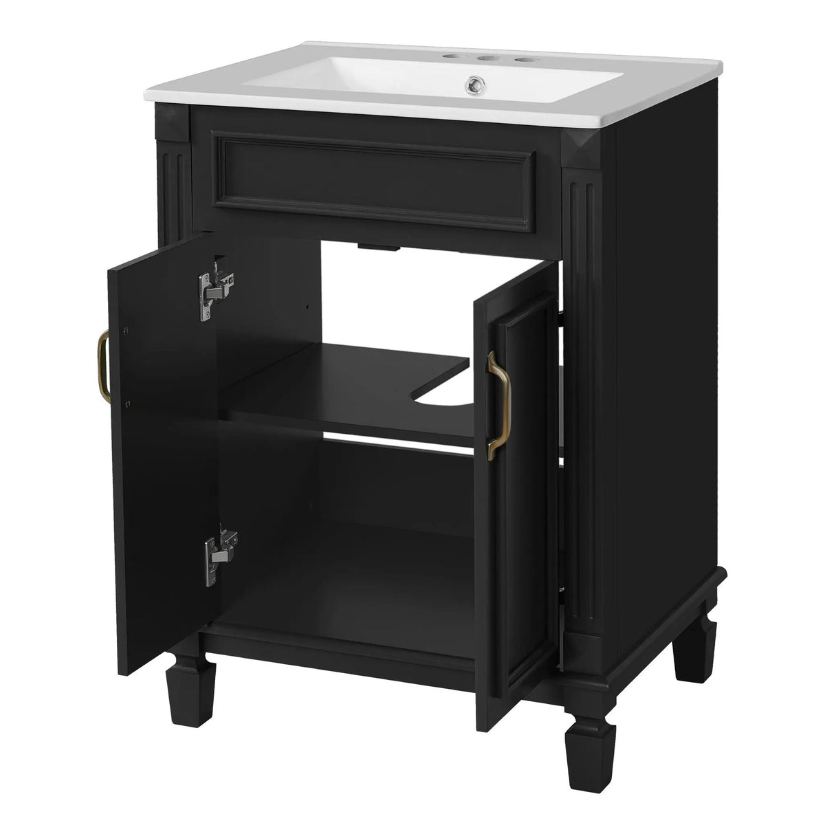 24 Inch Bathroom Vanity With Top Sink | Rubberwood Frame | 2 Soft Closing Doors | Glossy Ceramic Basin