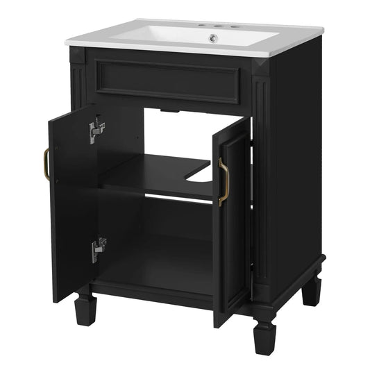 24 Inch Bathroom Vanity With Top Sink | Rubberwood Frame | 2 Soft Closing Doors | Glossy Ceramic Basin