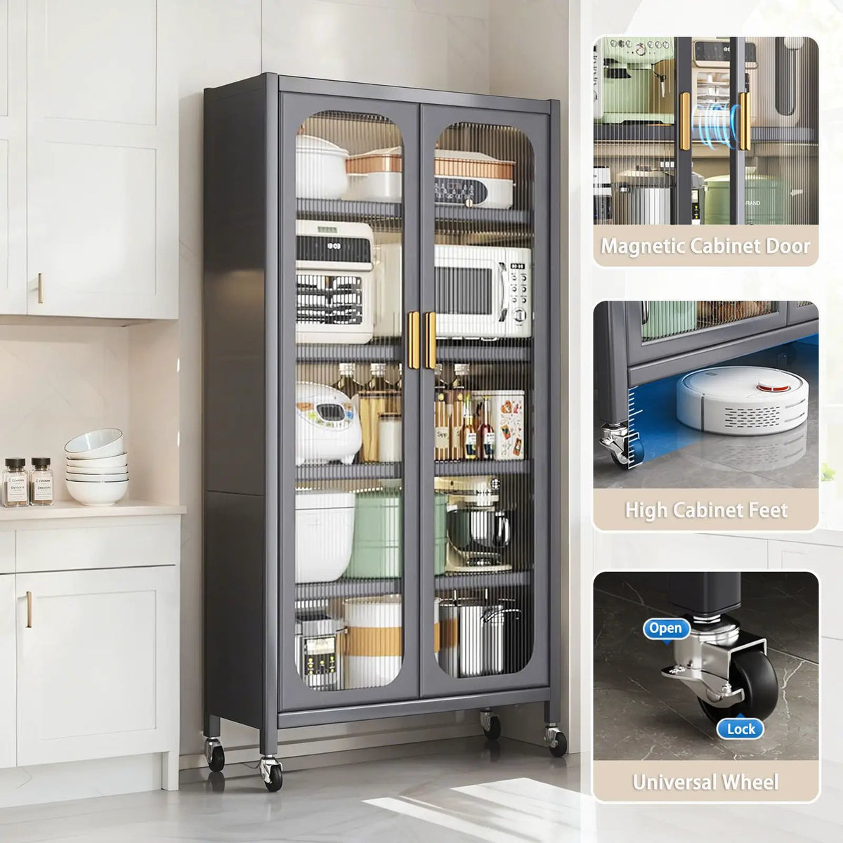 6 Tier Storage Cabinet | Transparent Magnetic Door | Adjustable Shelves | 360 Degree Wheels