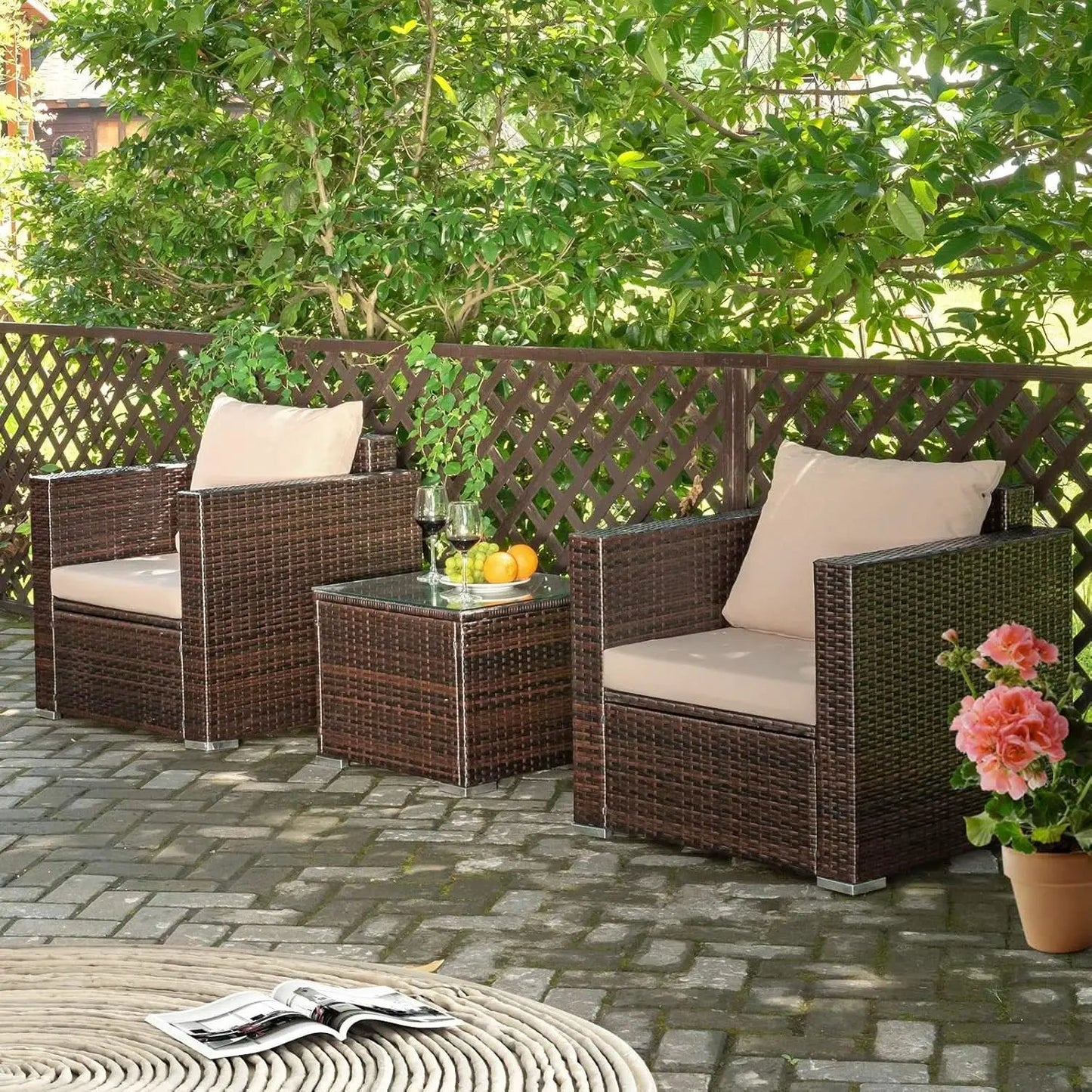 3 Piece Outdoor Patio Furniture Set Rattan Wicker With Washable Cushions And Tempered Glass Tabletop from PriceLows™