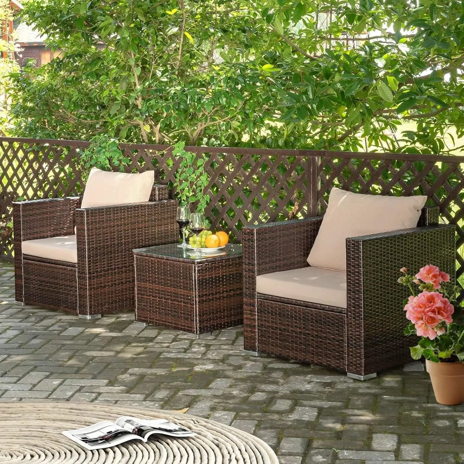 3 Piece Outdoor Patio Furniture Set Rattan Wicker With Washable Cushions And Tempered Glass Tabletop from PriceLows™