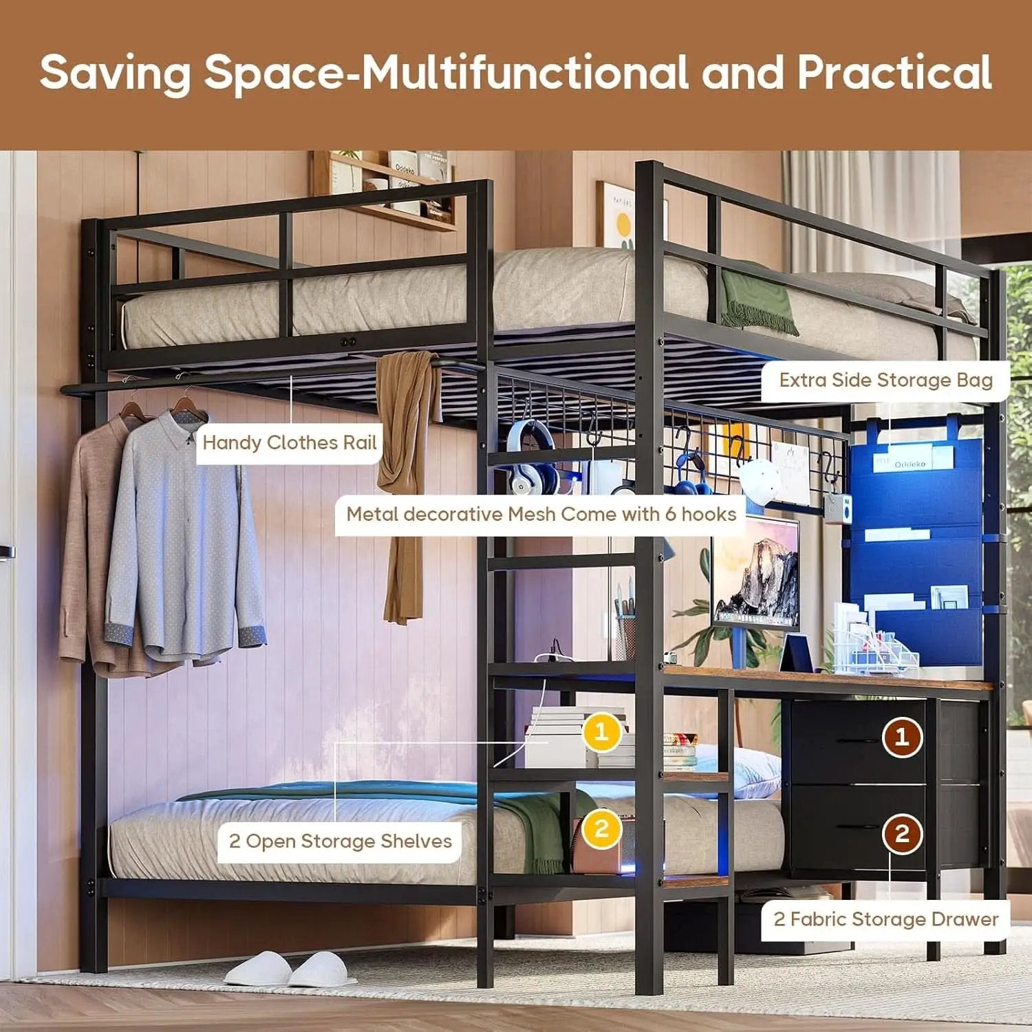 Black Full Over Twin Metal Bunk Bed With Desk LED Lights from PriceLows™