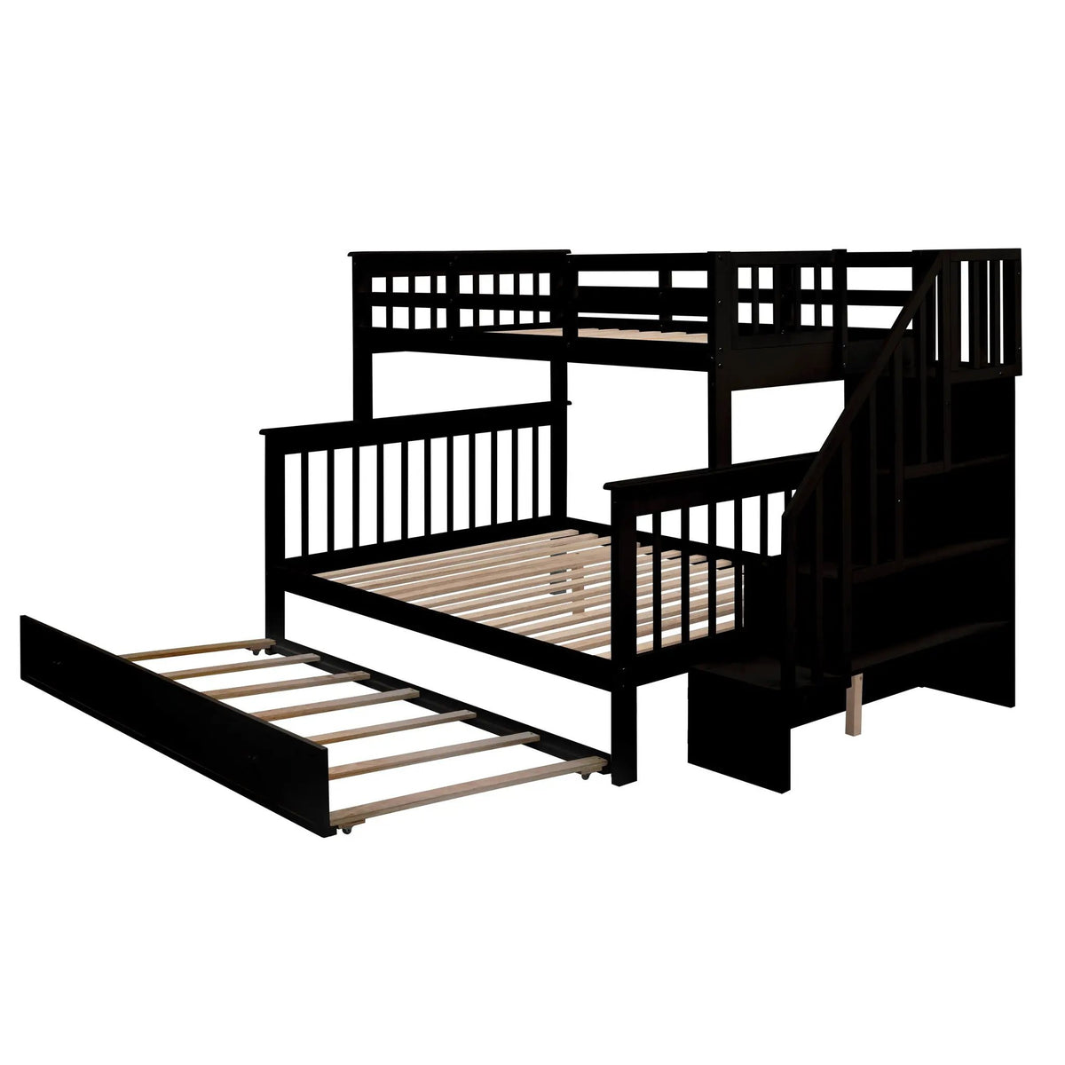Twin Bunk Bed With Trundle | Hidden Stair Storage | Guard Rail | Bedroom Furniture