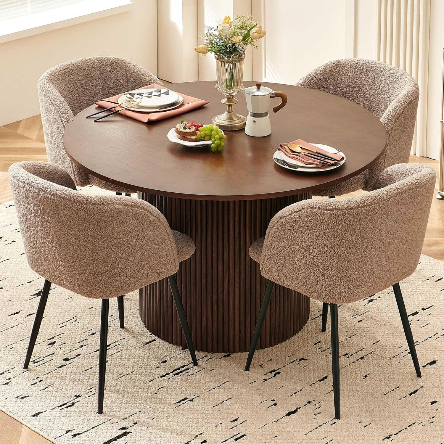 Forty Seven Inch Round Dining Table Set Walnut Finish Woodgrain Chairs from PriceLows™