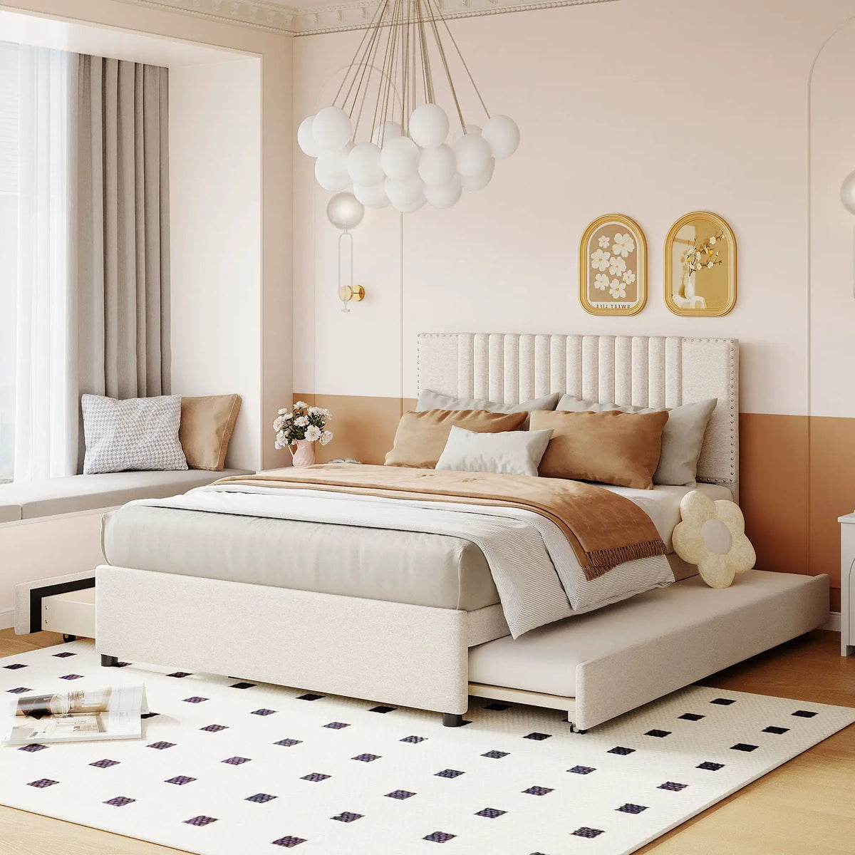 Upholstered Platform Bed | Drawers | Classic Headboard Design | Thick Foam Fill