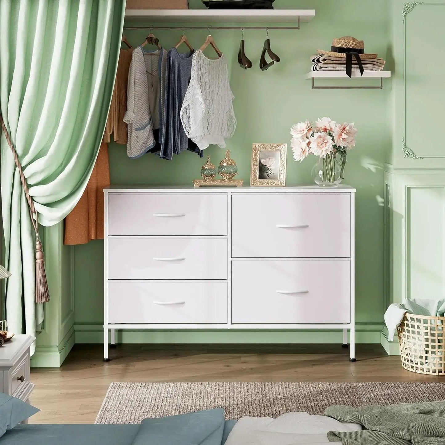 Fabric Dresser With 5 Drawers White For Bedroom Storage Organizer from PriceLows™