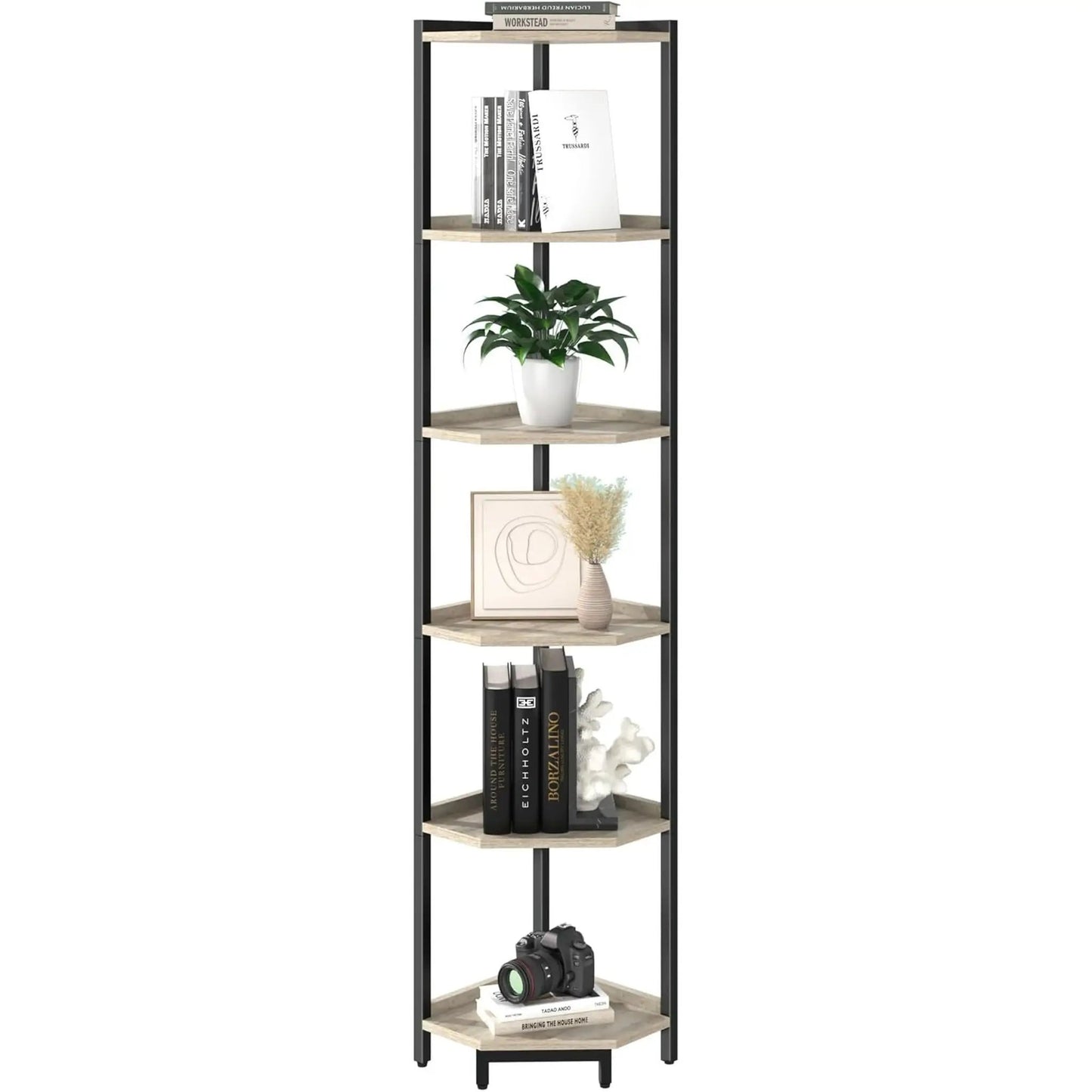 6-Tier Greige Corner Shelf Stand For Living Room And Office from PriceLows™