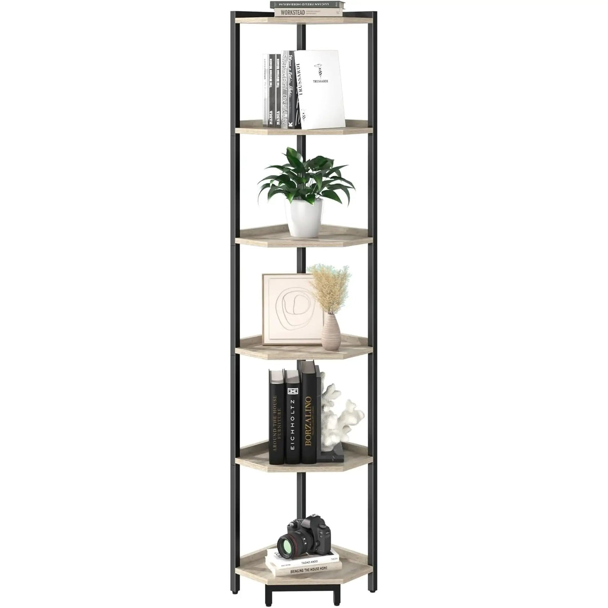 6-Tier Greige Corner Shelf Stand For Living Room And Office from PriceLows™