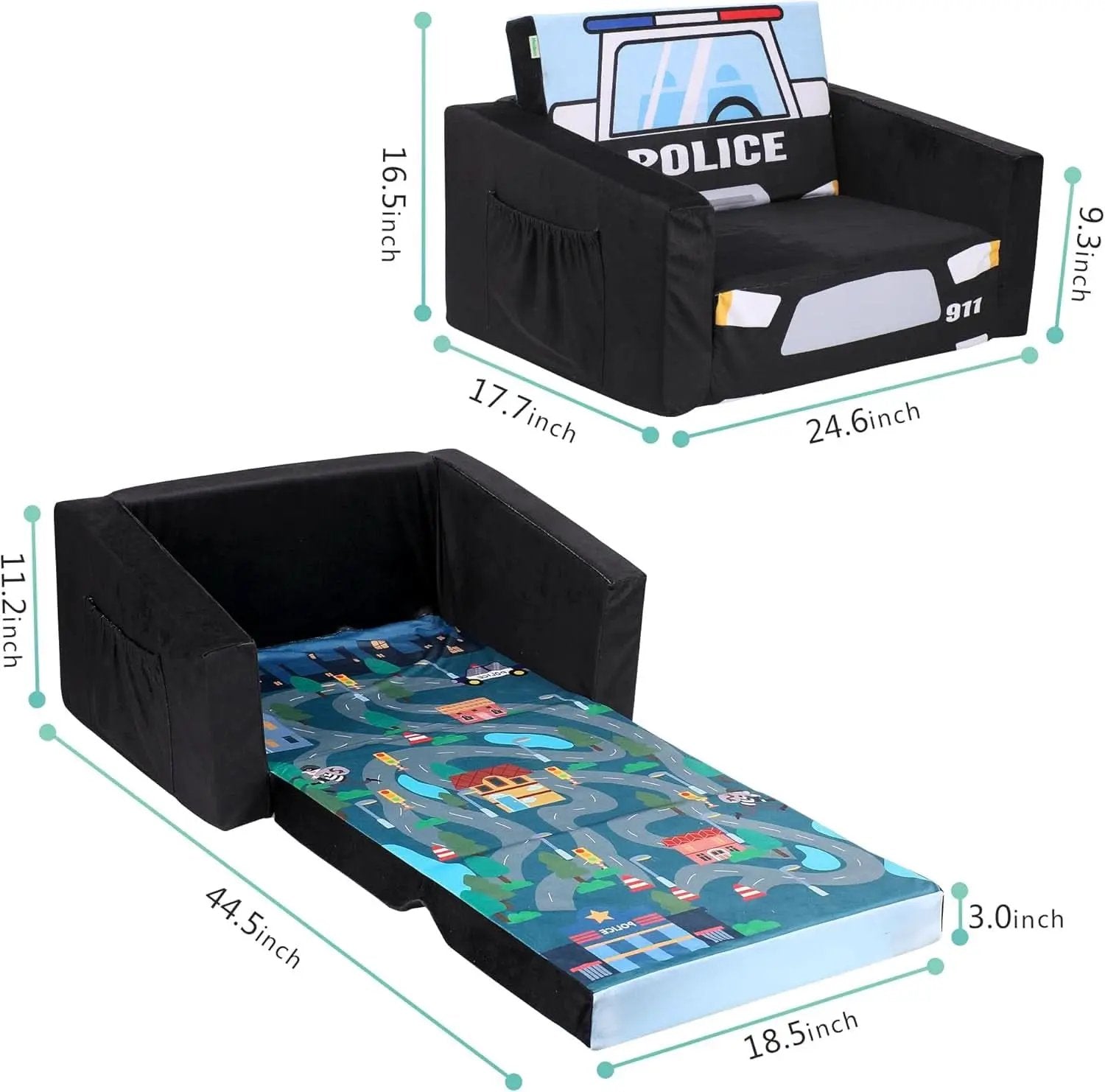 Kids Sofa Bed Black With Storage Pockets For Playroom from PriceLows™