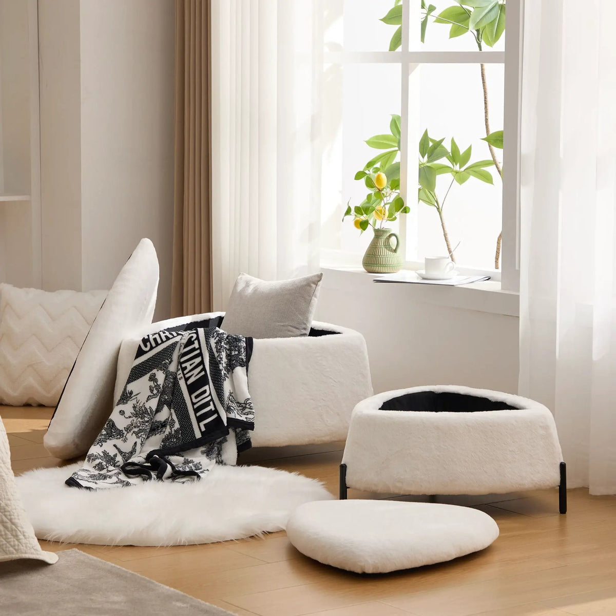 Storage Ottoman Set | Upholstered Faux Fur | Reversible Lid | Solid Wood Frame