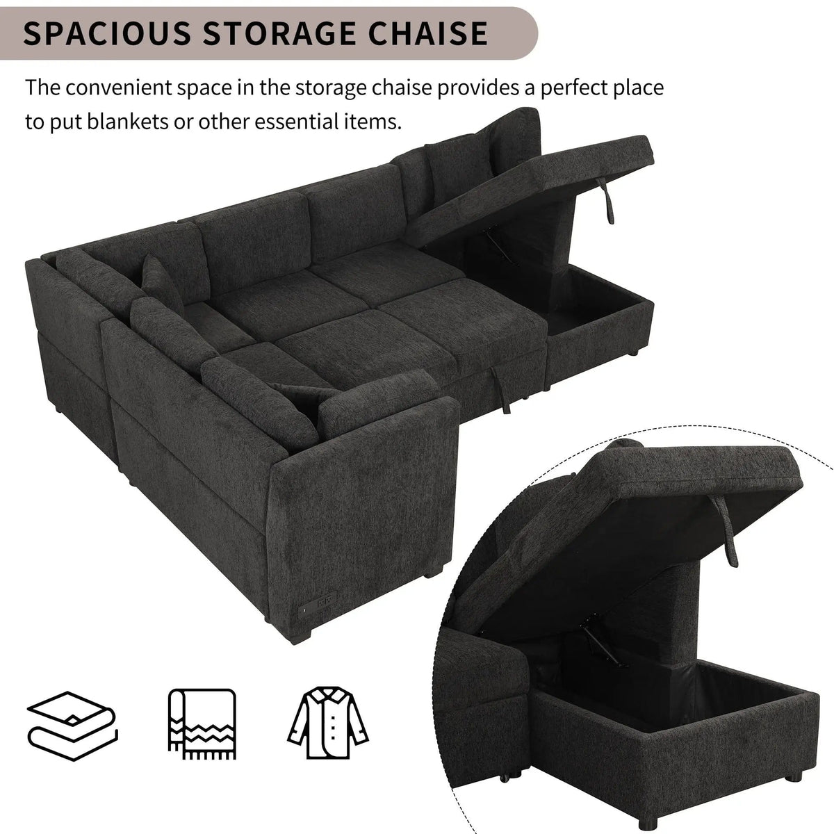 U-Shaped Sectional Sofa Pull Out Sofa Bed With Two USB Ports, Two Power Sockets | 3 Pieces | Fabric | Bedroom