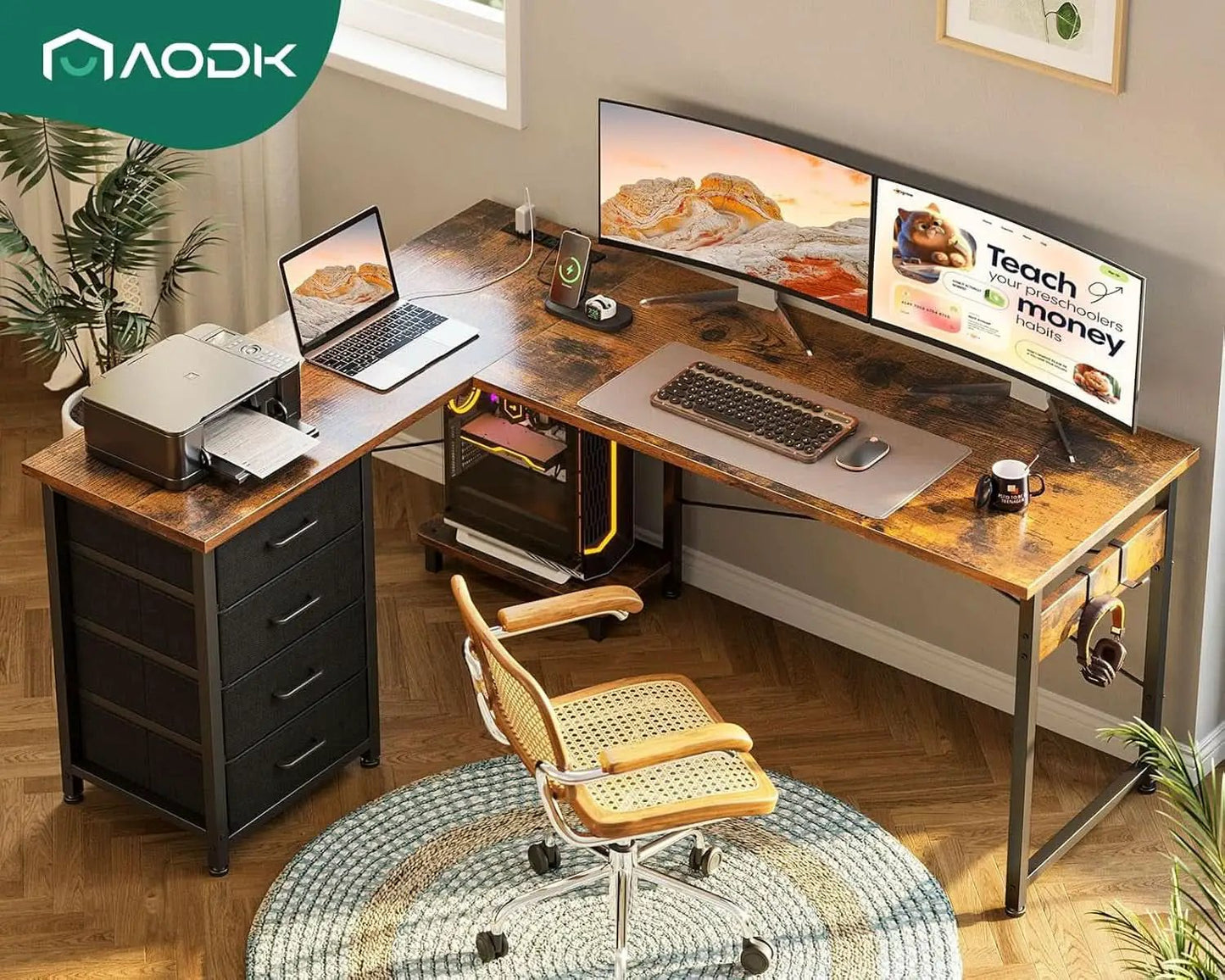 L Shaped Desk With USB Ports And 4 Drawers 53 Inch from PriceLows™