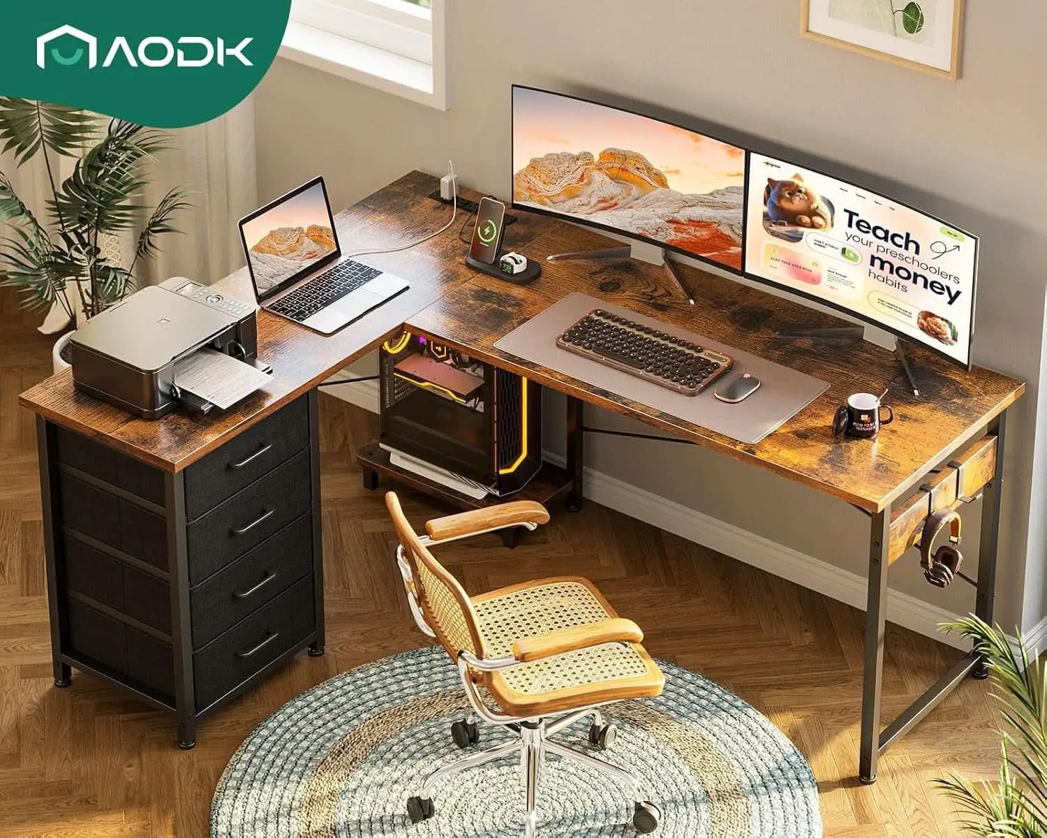 L Shaped Desk With USB Ports And 4 Drawers 53 Inch from PriceLows™