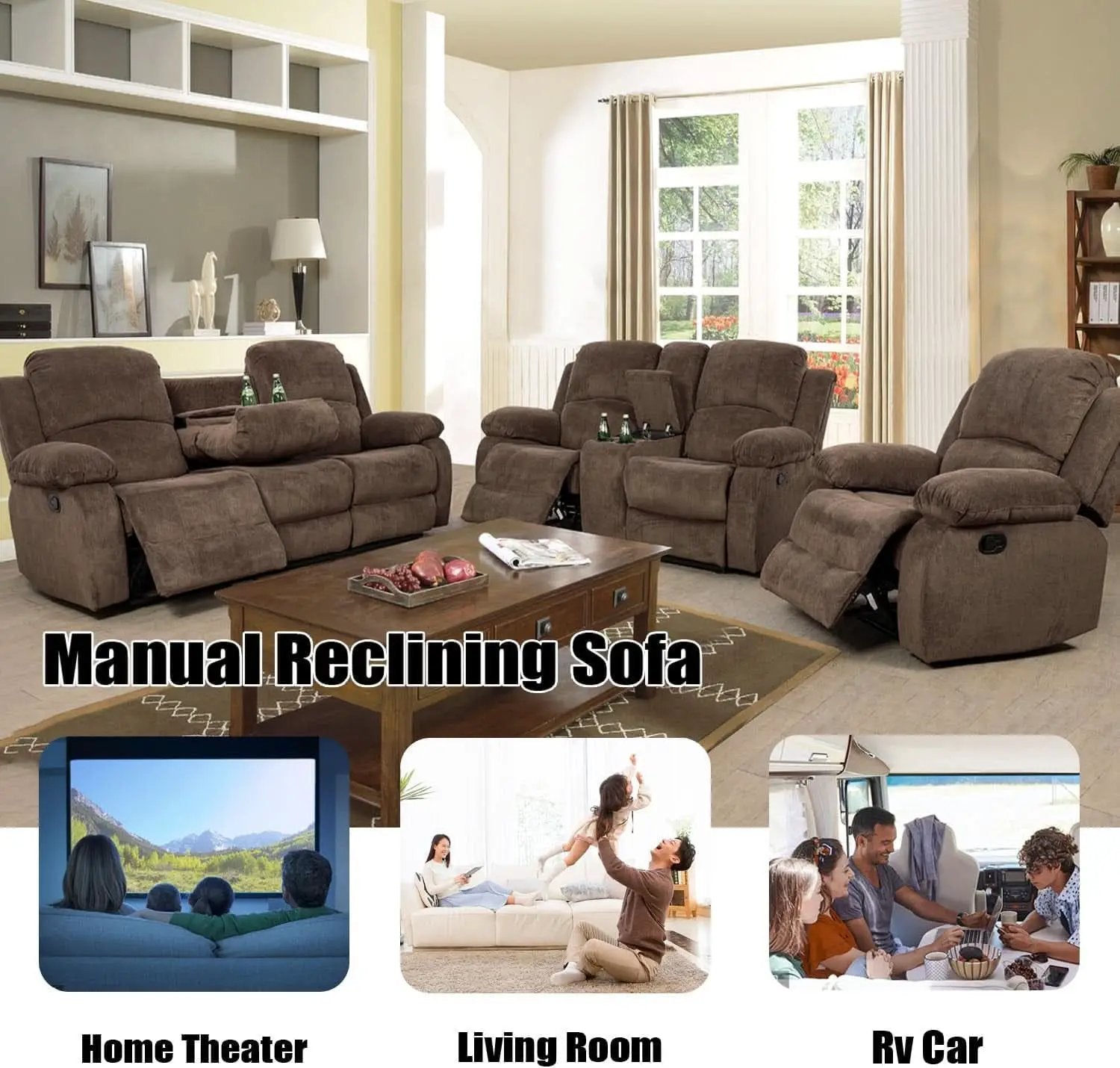 Recliner Sofa Set With Drop Down Table And Storage Console Brown Velvet from PriceLows™