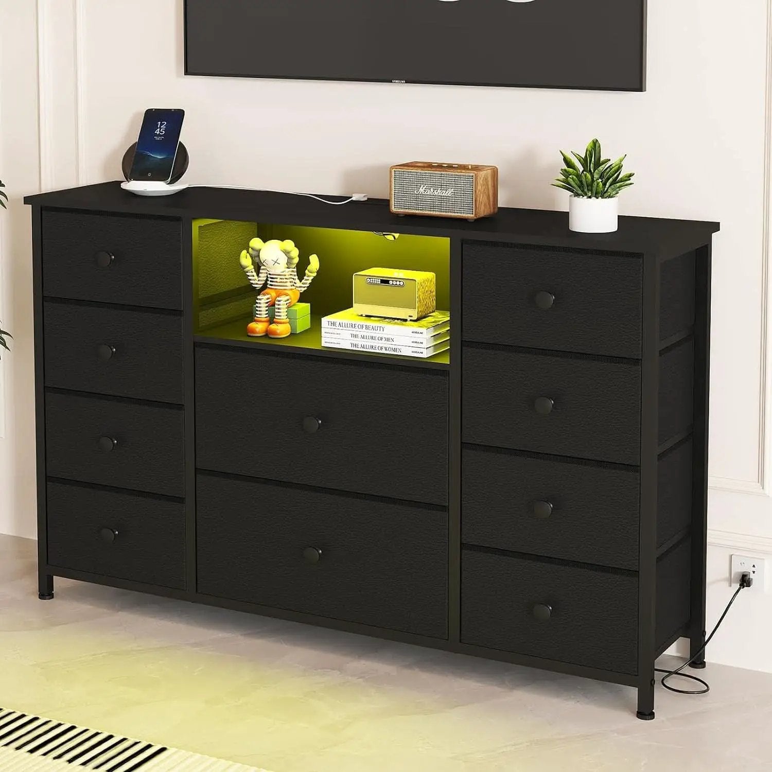 Black Dresser With Charging Station And LED Lights from PriceLows™