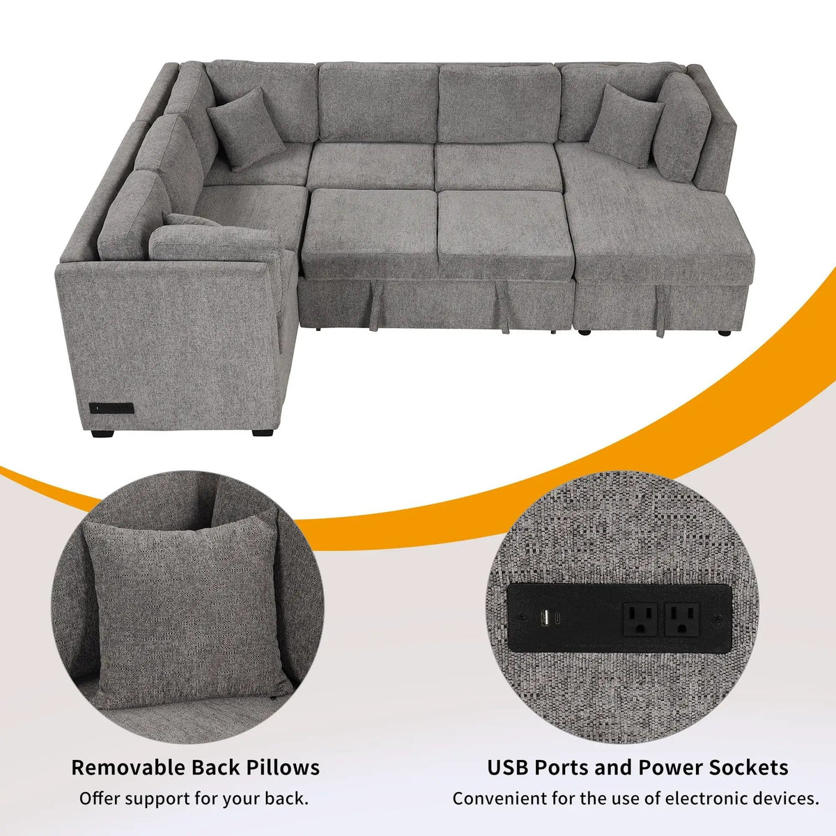 U-Shaped Sectional Sofa Pull Out Sofa Bed With Two USB Ports, Two Power Sockets | 3 Pieces | Fabric | Bedroom