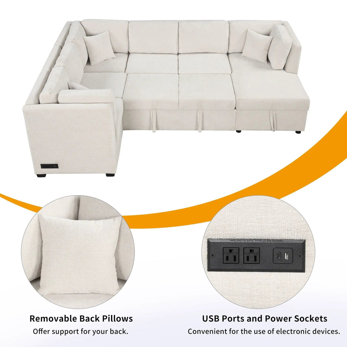U-Shaped Sectional Sofa Pull Out Sofa Bed With Two USB Ports, Two Power Sockets | 3 Pieces | Fabric | Bedroom