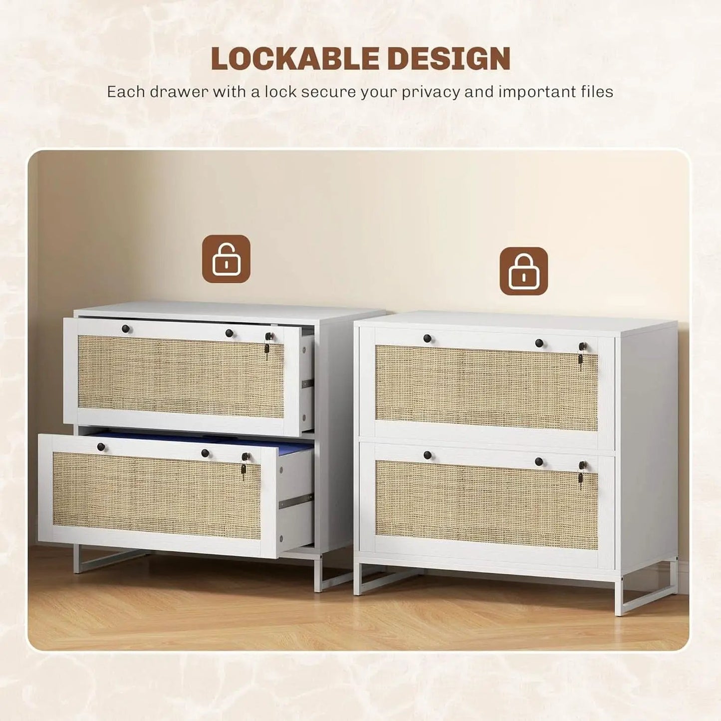 White Rattan 2 Drawer Locking Lateral File Cabinet from PriceLows™