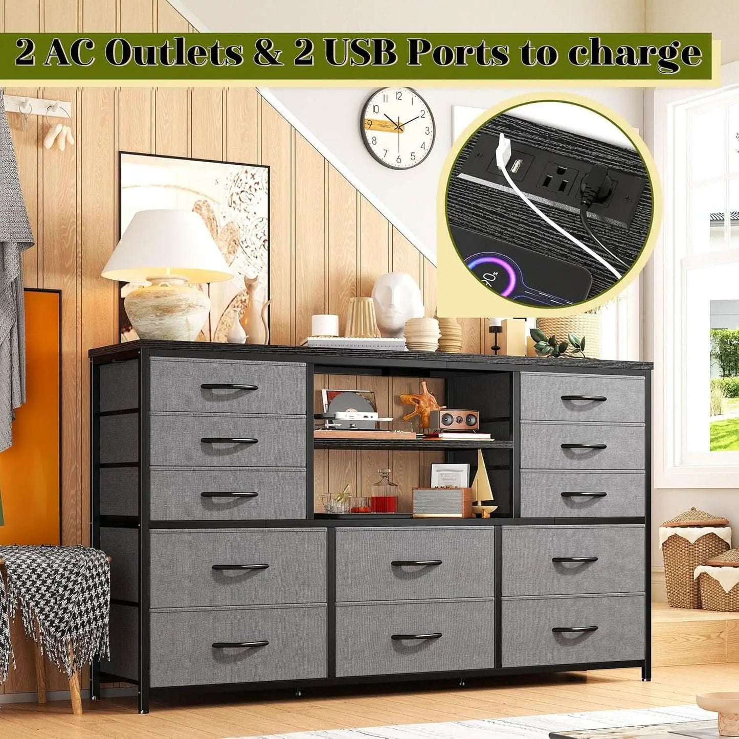 12 Drawer Long Dresser With LED Lights And Built In Power Outlet For Bedroom Storage from PriceLows™