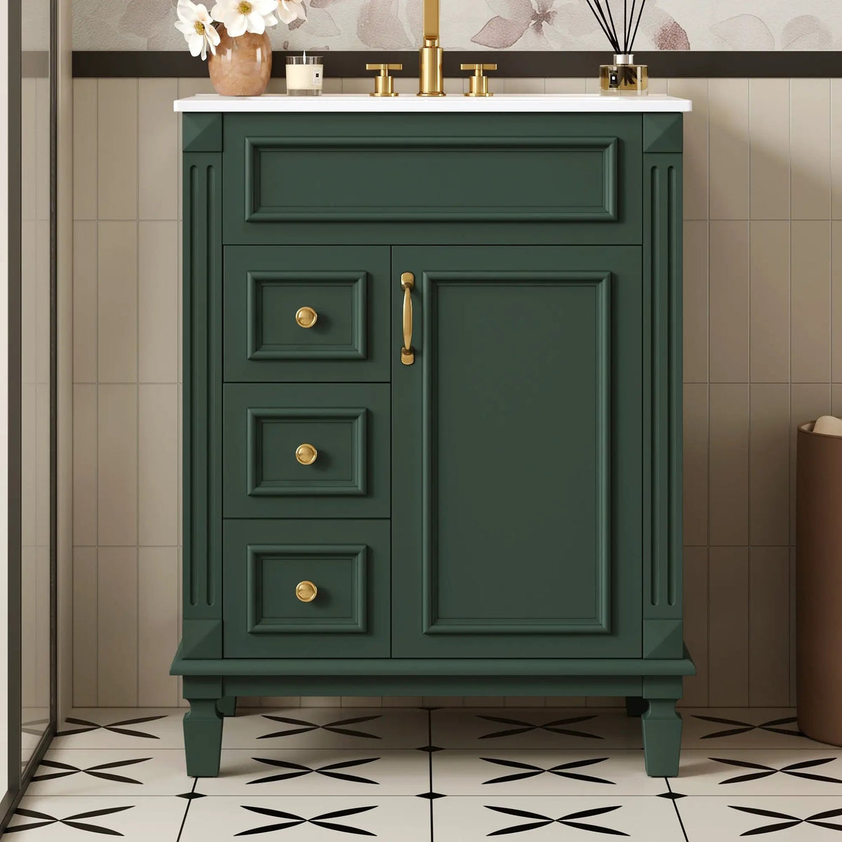 24 Inch Compact Bathroom Vanity | 2 Deep Drawers | Adjustable Shelf | Retro Button Handles