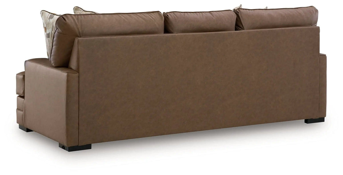 VillaCourt Sofa | 93 x 40 x 38 in | Faux Leather & Wood | Caramel