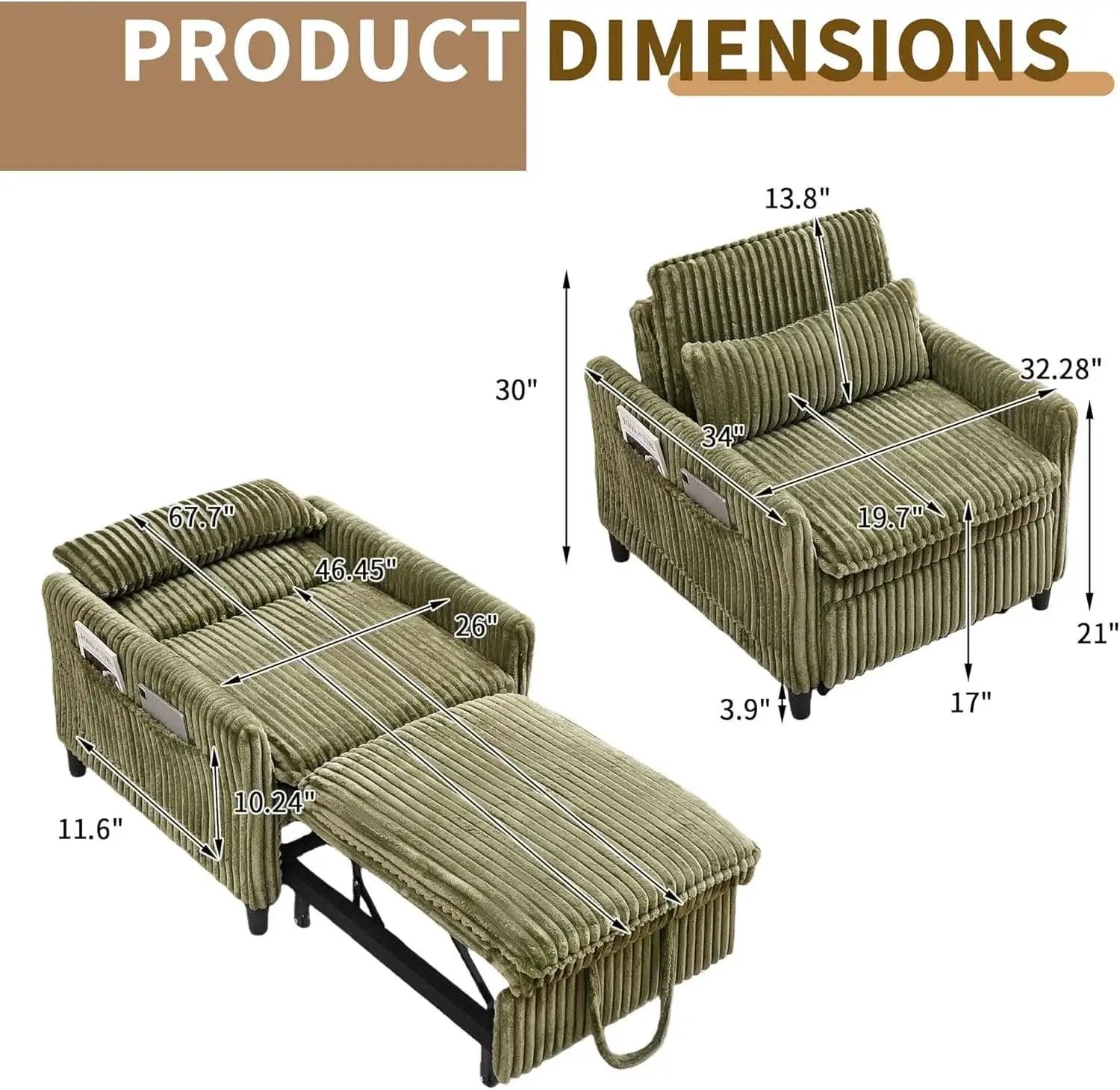 Corduroy Convertible Sofa Bed With Forest Green Fabric from PriceLows™