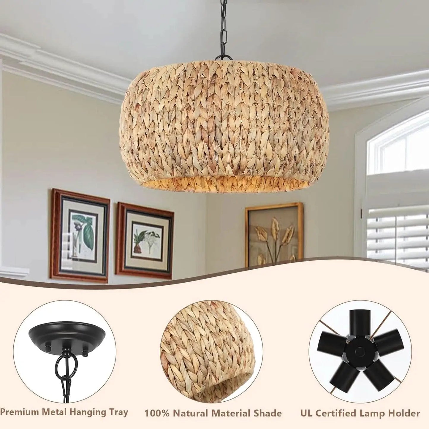 5 Light Farmhouse Rattan Chandelier Natural Water Hyacinth Shade from PriceLows™