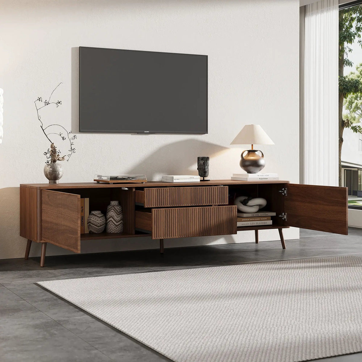 TV Stand | Fluted Cabinet | Soft Close Hinges | Walnut Finish
