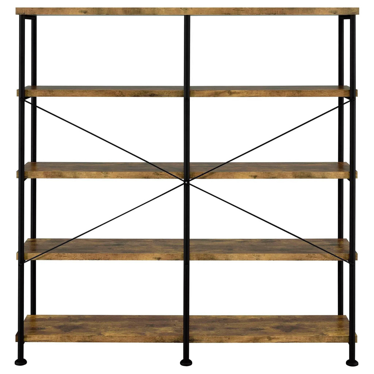 Analiese 63-inch 4-shelf Double Bookshelf Rustic Nutmeg Standard Bookcase | 60 x 14.25 x 63 in | Engineered Wood & Metal | Home Office