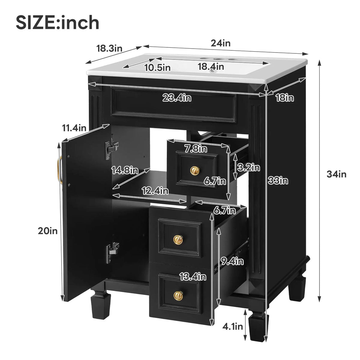 24 Inch Compact Bathroom Vanity | 2 Deep Drawers | Adjustable Shelf | Retro Button Handles