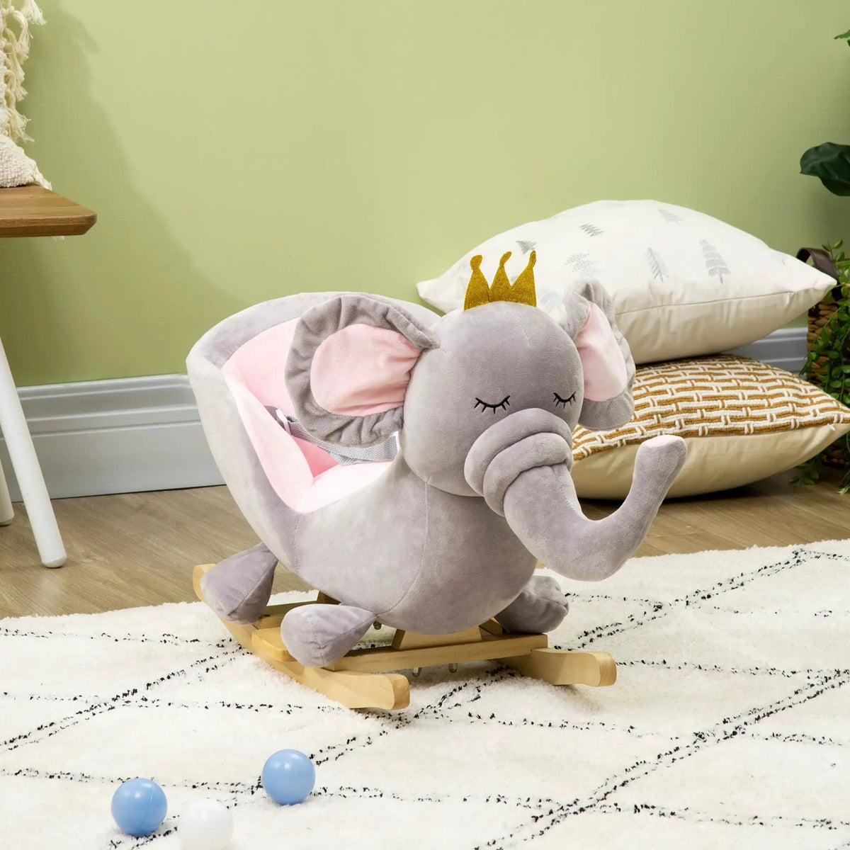 Qaba Elephant Rocking Horse | Toddler Rocker Toy | Sound Effects | Wooden Base Safety Belt