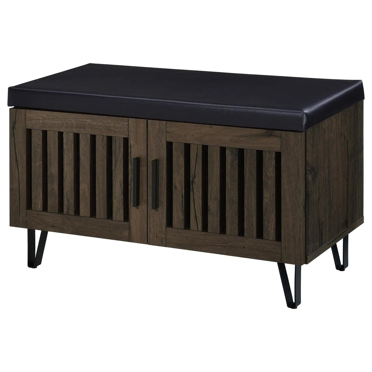 Brixton 2-door Padded Entryway Shoe Storage Bench Smoked Shoe Cabinet | 31.5 x 15 x 19 in | Faux Leather & Metal | Oak