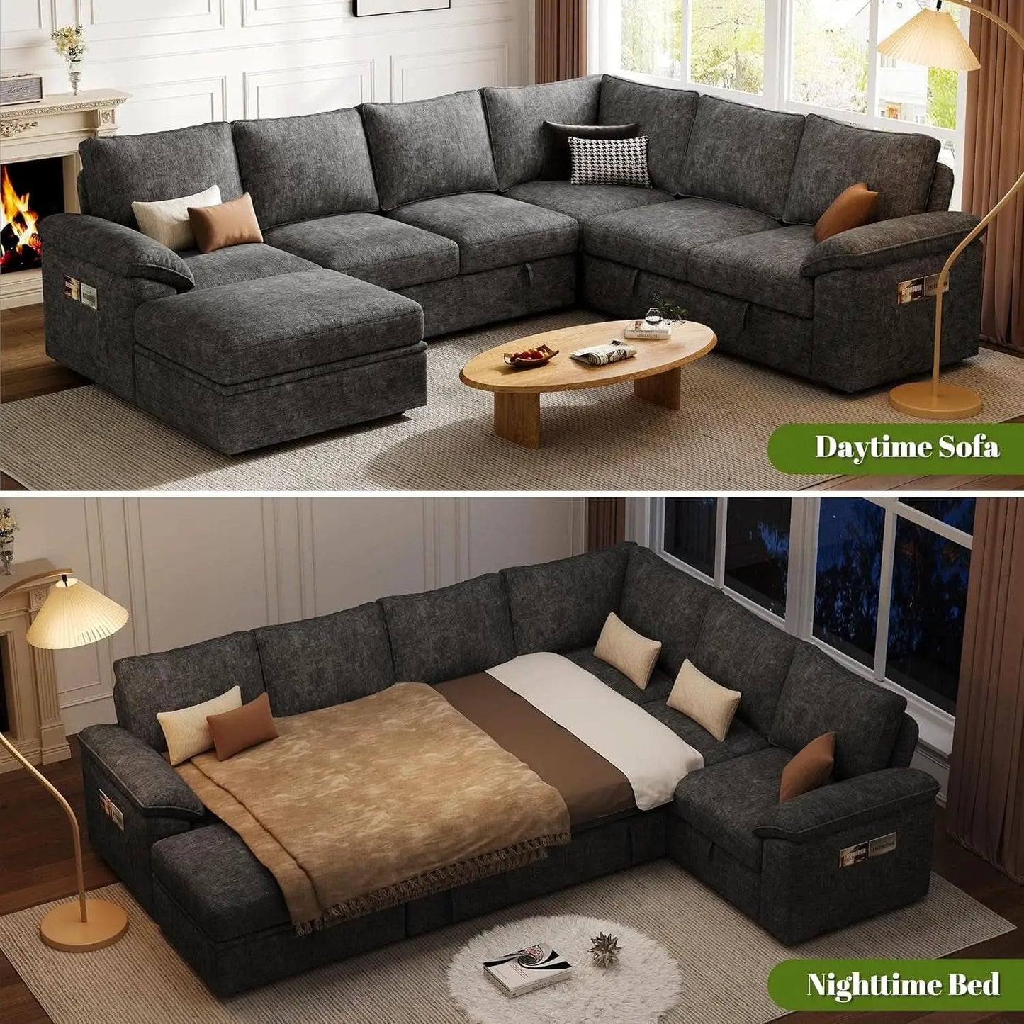 108 Inch Modular Sectional Sleeper Sofa CharcoalGrey from PriceLows™