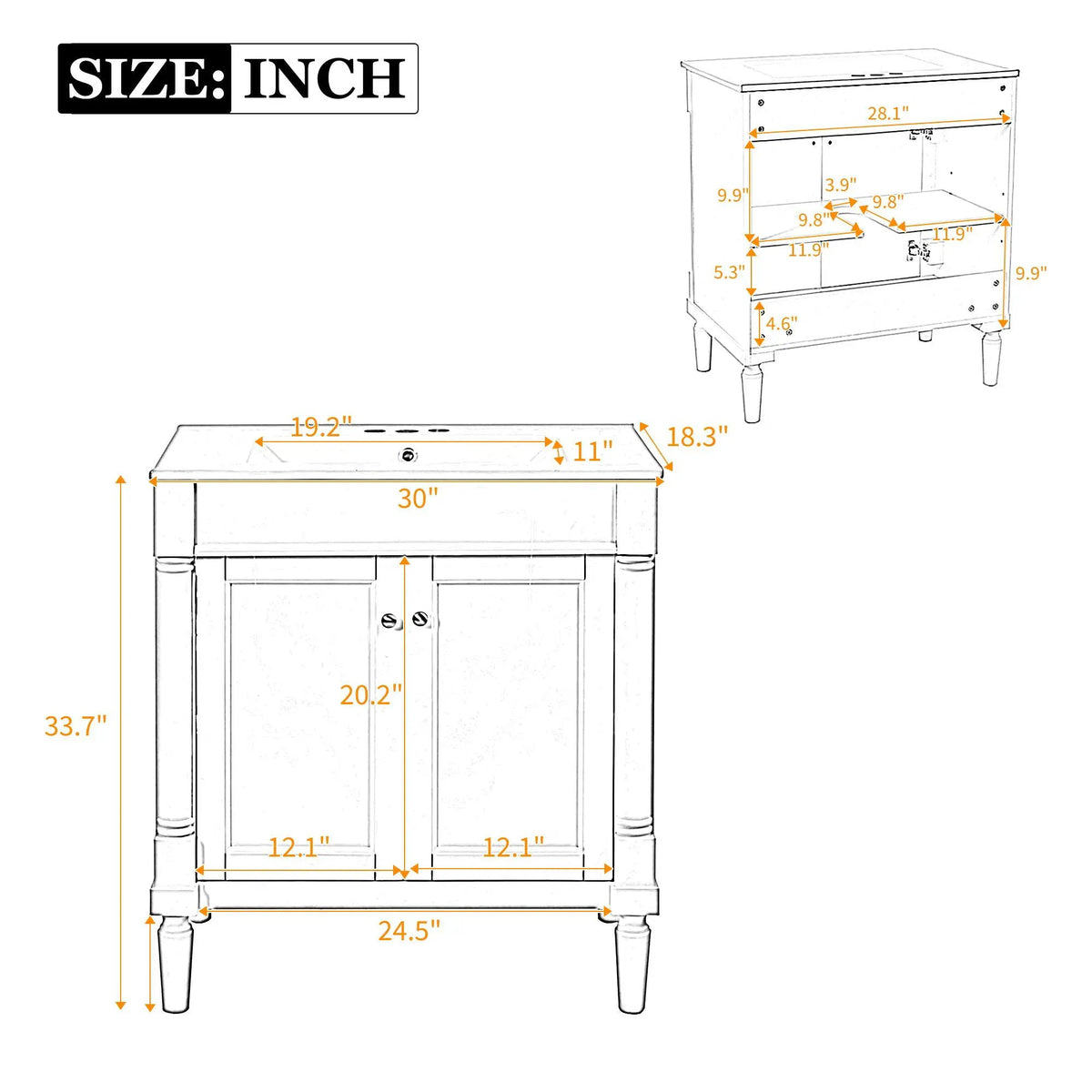 30 Inch Bathroom Vanity With Sink | Soft Close Doors | Carved French Detailing | Adjustable Shelf