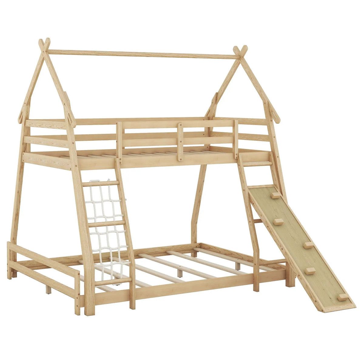 House Bunk Bed | Twin Over Queen | Solid Pine | Climbing Net And Ramp