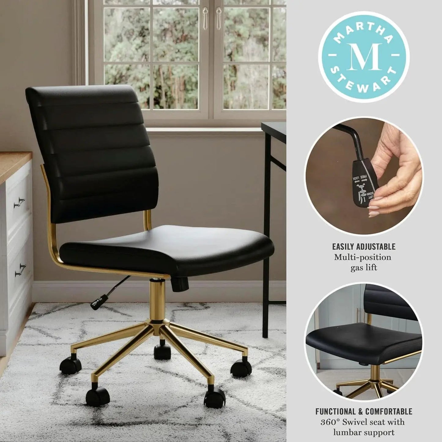Armless Swivel Task Chair Black Faux Leather Brass Frame from PriceLows™