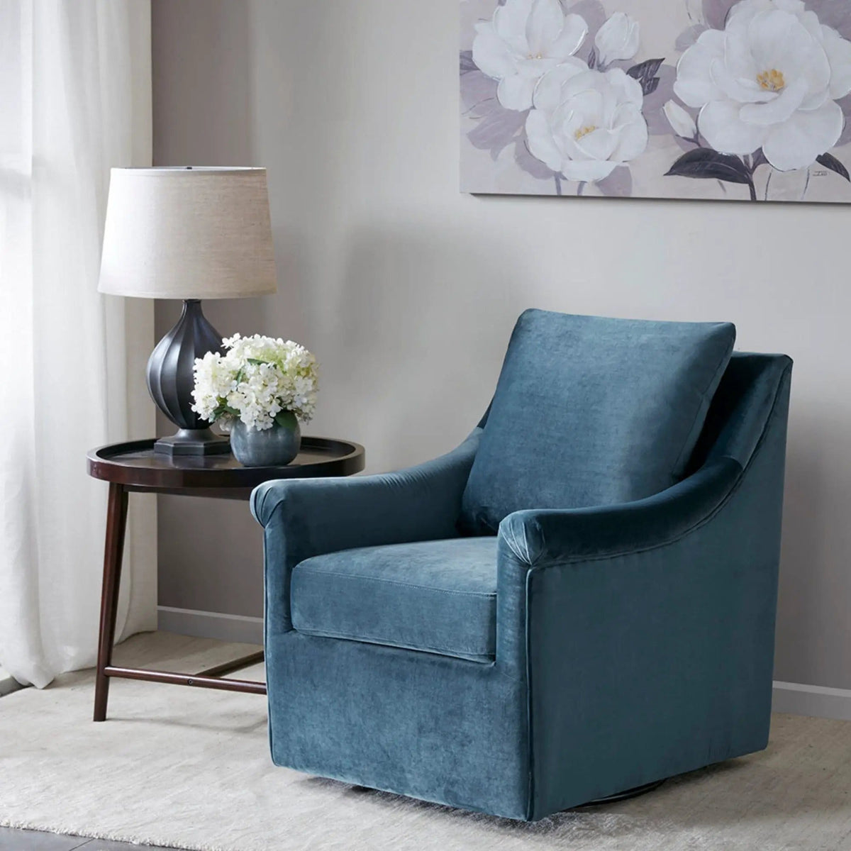 Swivel Chair With Curved Arms And Straight Back - | 33.7 x 28.54 x 32.4 in | Solid Wood & Velvet | Blue