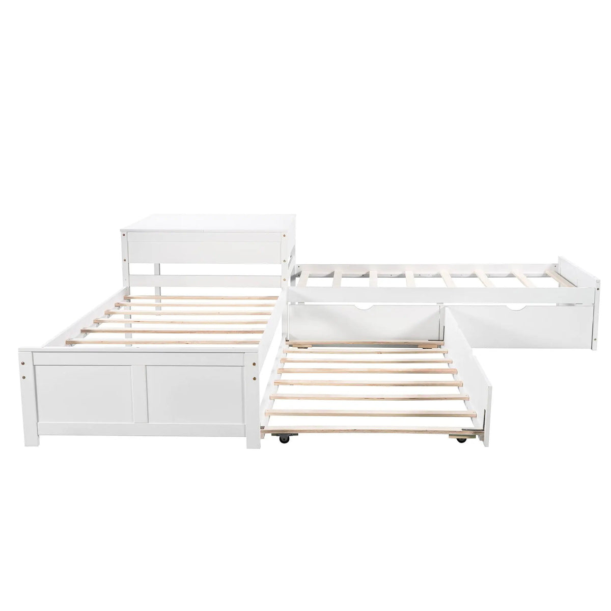 L Shaped Platform Bed | Built In Desk | Trundle With Drawers | Twin Size