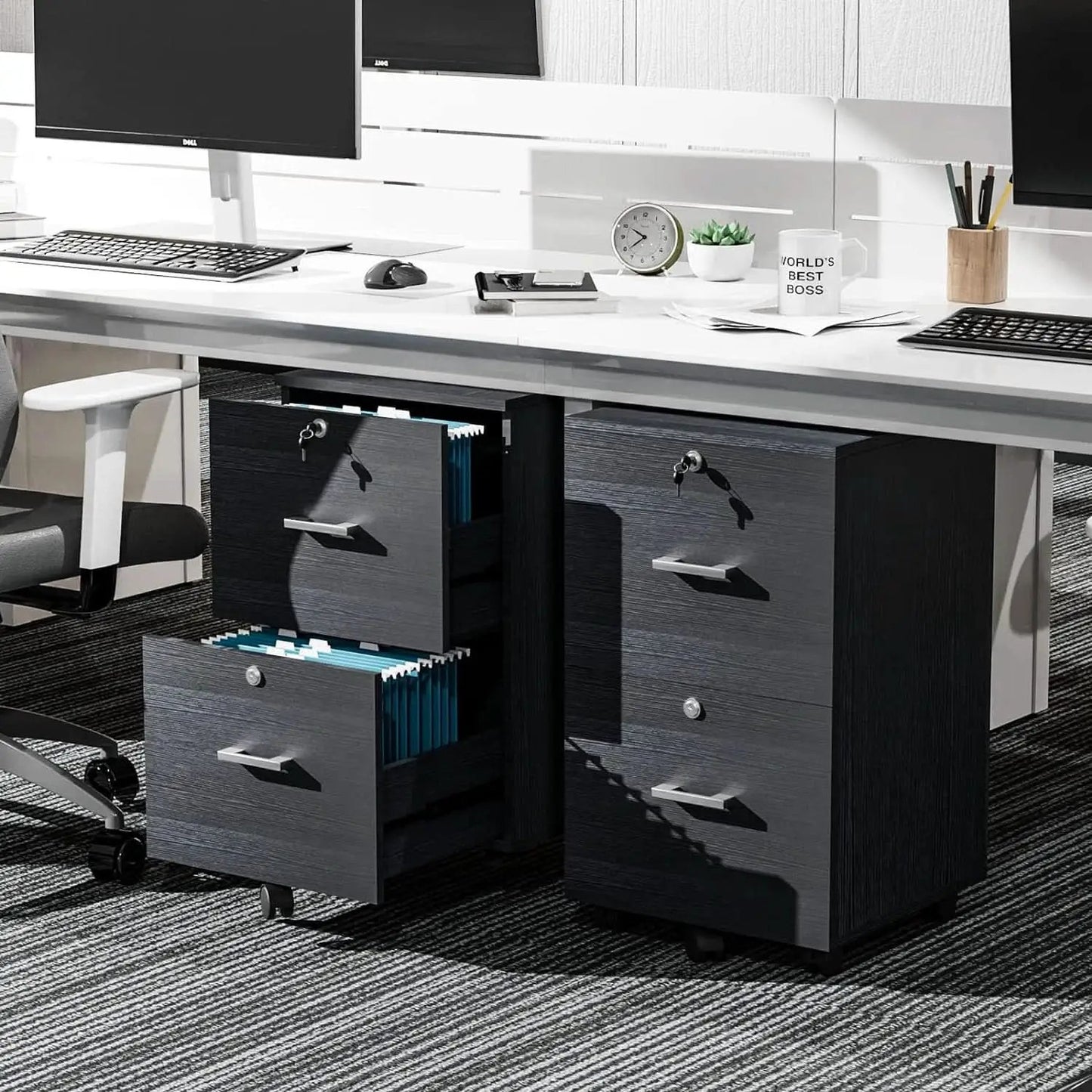 2 Drawer Rolling File Cabinet With Lock For Letter Size Folders Under Desk Black from PriceLows™